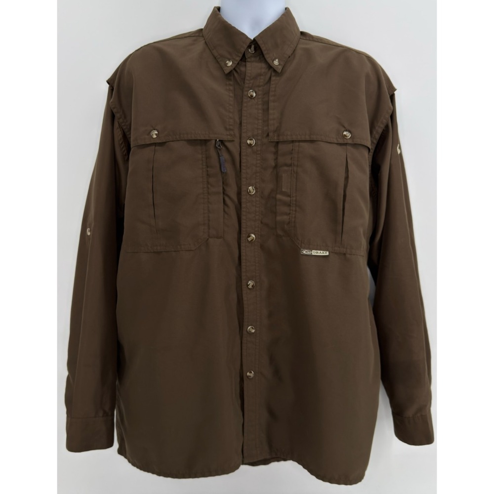 Drake Waterfowl Systems Shirt Mens Large Brown Hunting Fishing Vented USA